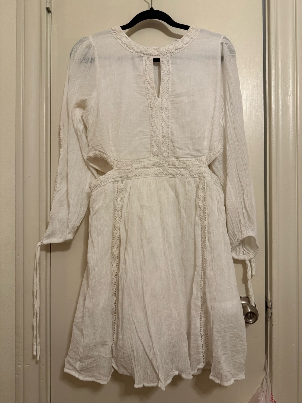 Mango White Long-Sleeve Lace-Trim Mini Dress